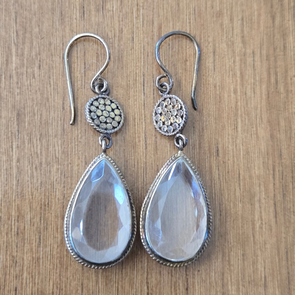 Anna Beck Sterling Silver Clear Quartz Teardrop Dot Drop Earrings 925 Balinese